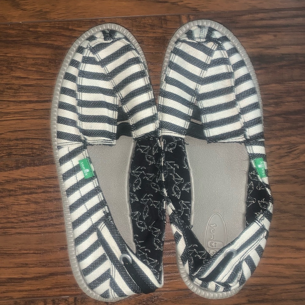 Black and white stripe Sanuk sneakers